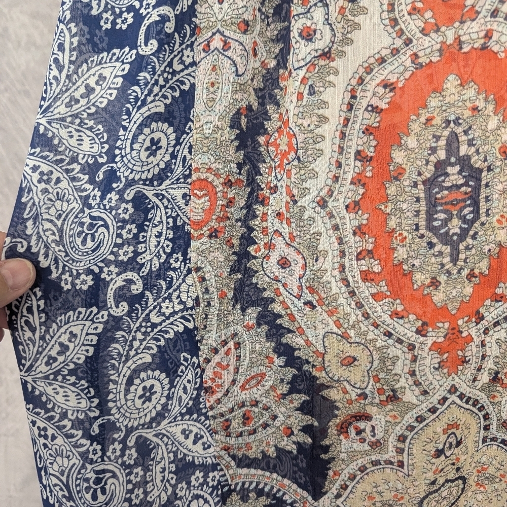 Miss Me Medium Boho Blouse Navy/Orange/Cream Lace Shoulders V-Neck - Picture 5 of 12